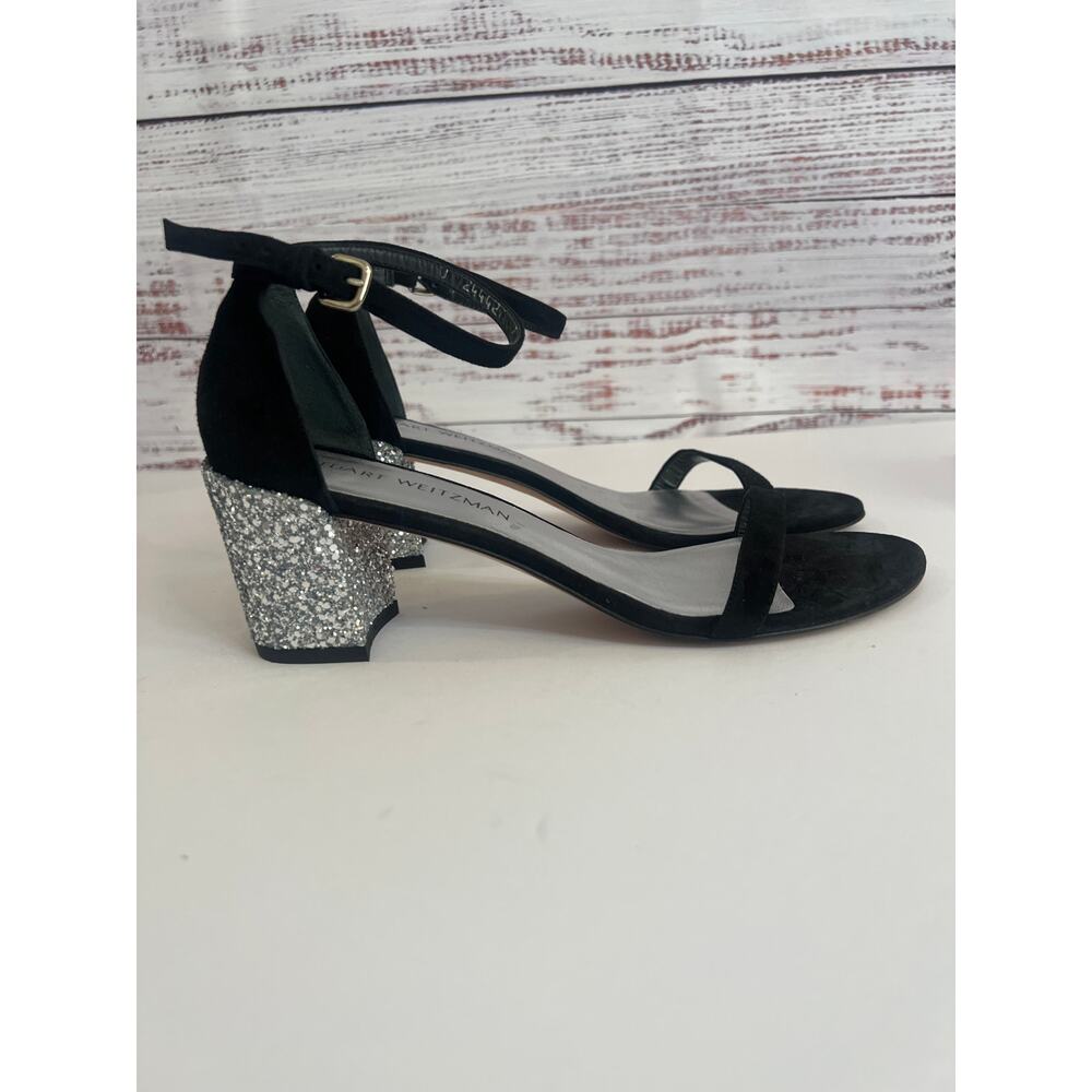 Stuart Weitzman Simplemid black suede silver glitter block heel size 9 - Picture 3 of 11